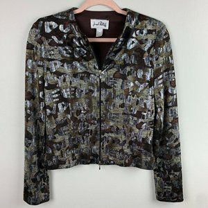 Joseph Ribkoff Womens Brown Jacket Letter Graphics Silver Size 4 Double Zipper